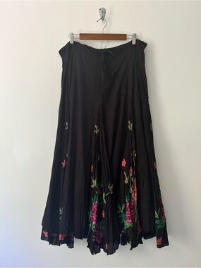 Vintage Soft Surroundings Floral Bird Hippie Bohemian Black Cotton Maxi Skirt MT